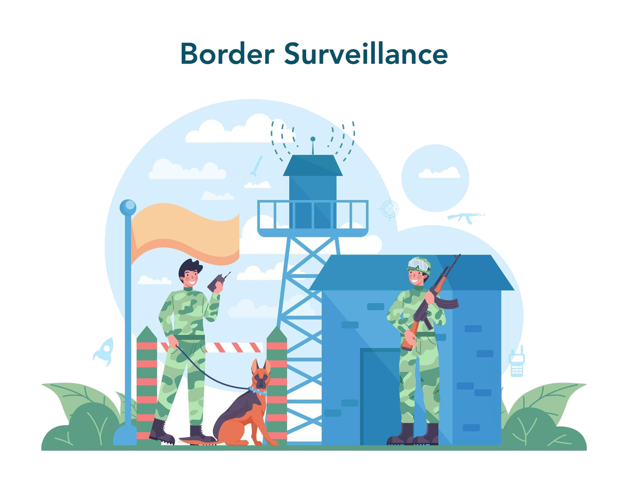 soldier concept millitary force employee camouflage with weapon military training with equipment technology border surveillance isolated flat vector illustration
